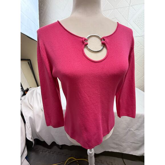 KIKIT Maurice Sasson Knit top Small Pink Silver ring sweater 3/4 sleeve - Picture 5 of 10